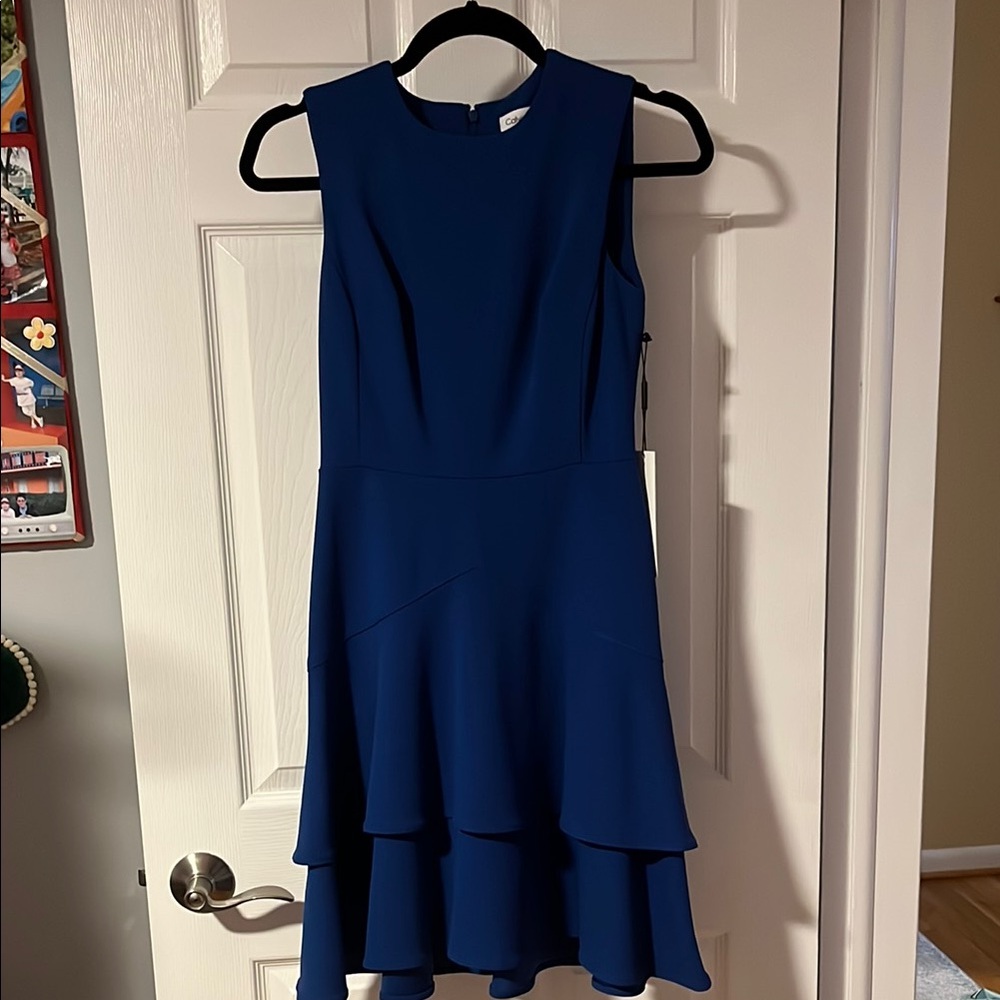 Calvin Klein Blue Sleeveless High Low Cocktail Dress